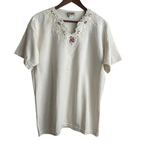 VTG Cactus California Women Embroidered Top L Cream Floral Neck Boho Cottagecore